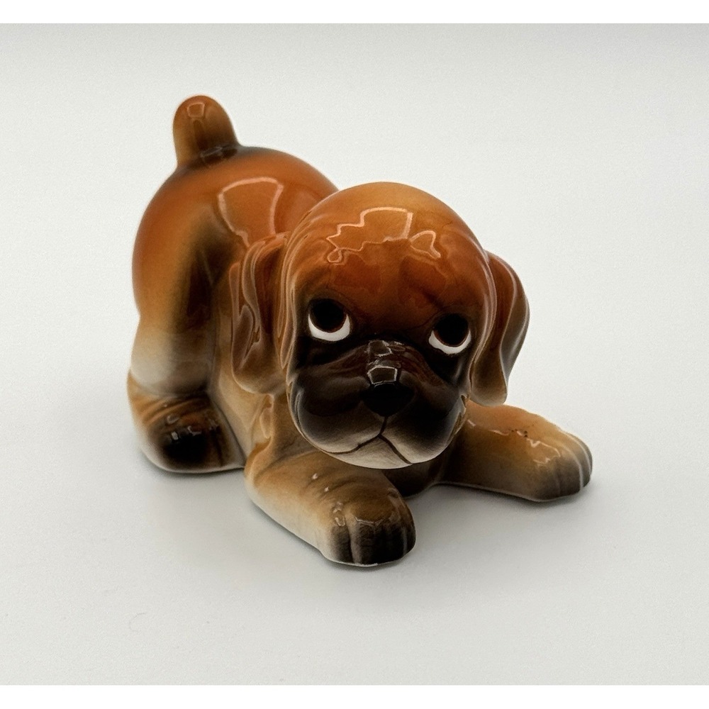 Vintage Lefton Boxer Puppy Dog Figurine Brown Ceramic Playful Pose Korea